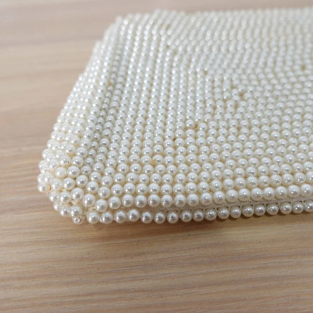 VINTAGE Boho Pearl Beaded Evening Clutch Bag Cream Art Deco Empress 70s Handmade